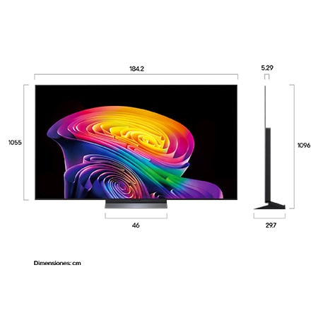 La LG OLED evo AI C6, que se muestra en vista frontal y lateral, destaca por su pantalla de 83 pulgadas con una anchura de 1842 mm, una altura total de 1055 mm y un grosor ultrafino de 52.9 mm sin soporte.